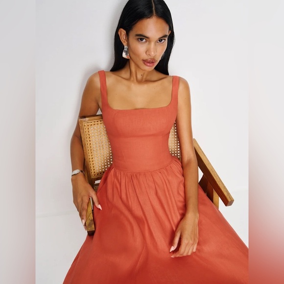 NEW Reformation Janu Midi Linen Dress Red Coral Orange | US 0 UK 4 - Picture 3 of 16